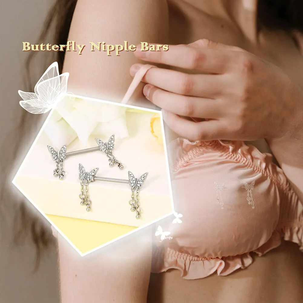 14G Shiny Dangle Butterfly Nipple Barbell Set