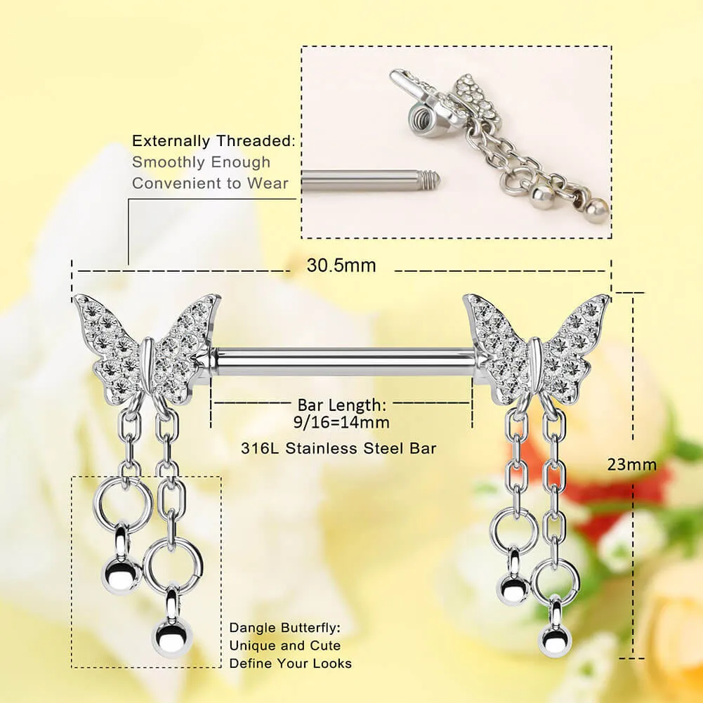 14G Shiny Dangle Butterfly Nipple Barbell Set