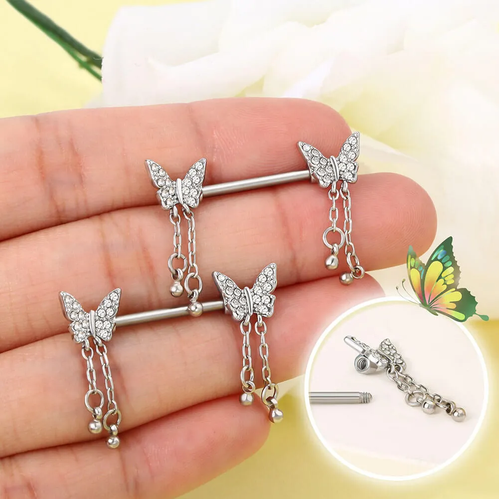 14G Shiny Dangle Butterfly Nipple Barbell Set