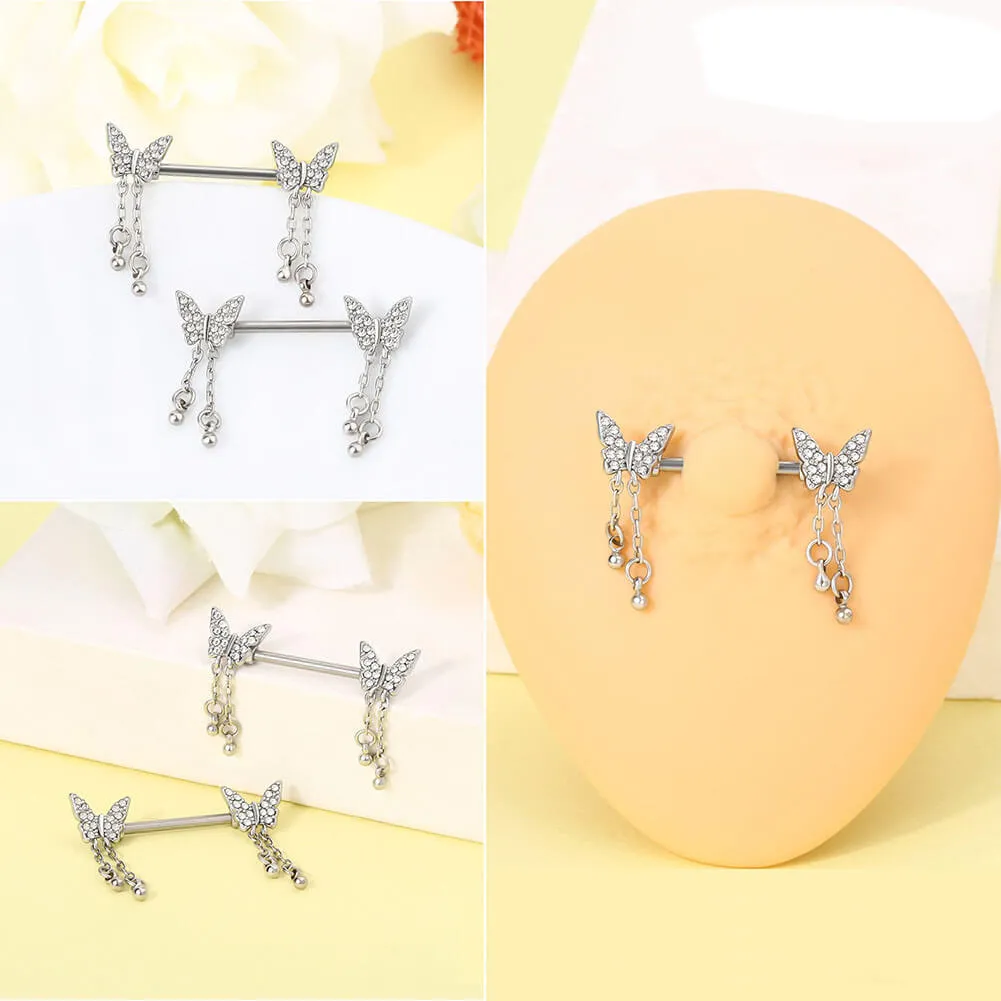 14G Shiny Dangle Butterfly Nipple Barbell Set