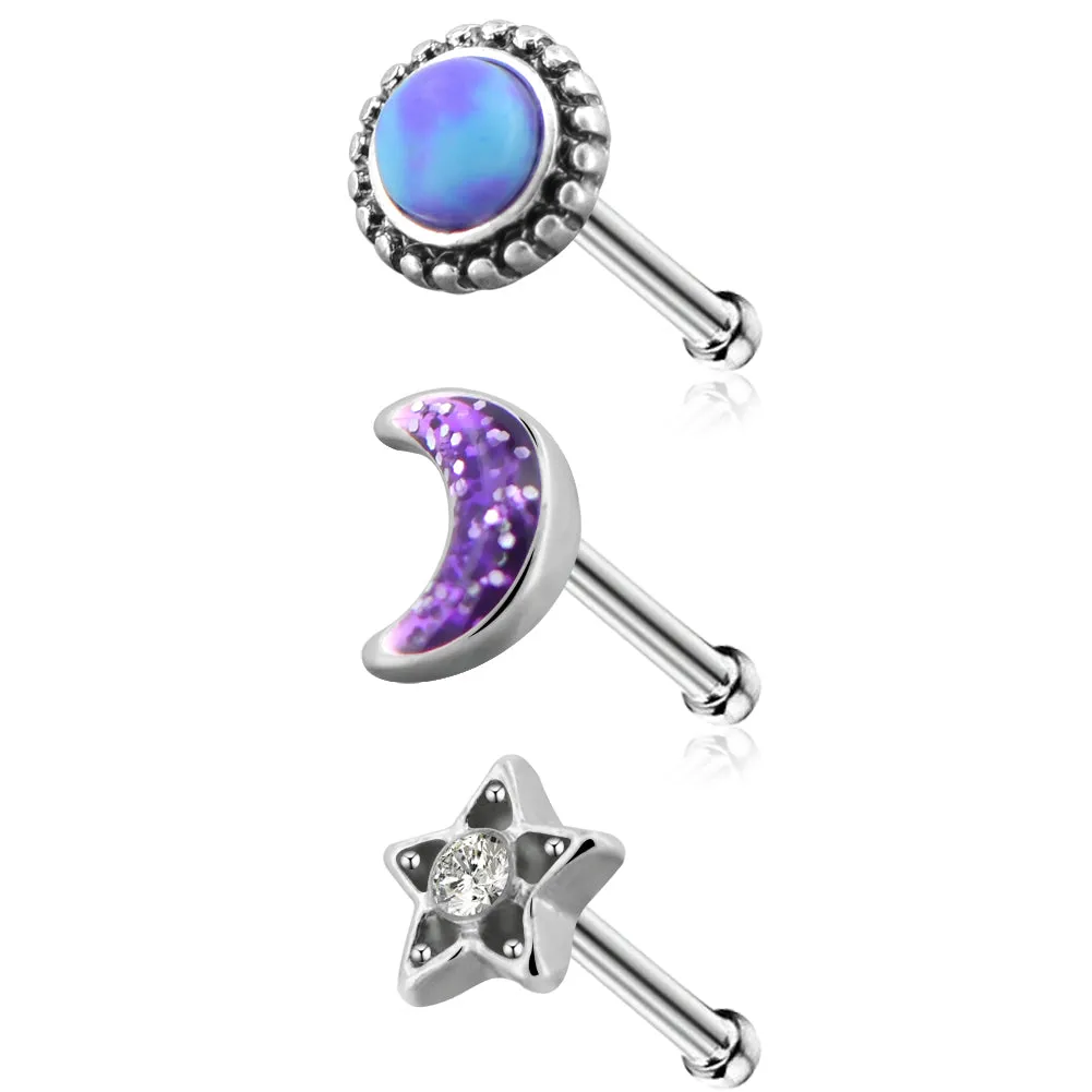 3PCS 18G Nostril Barbell Sets Moon Star Nostril Stud