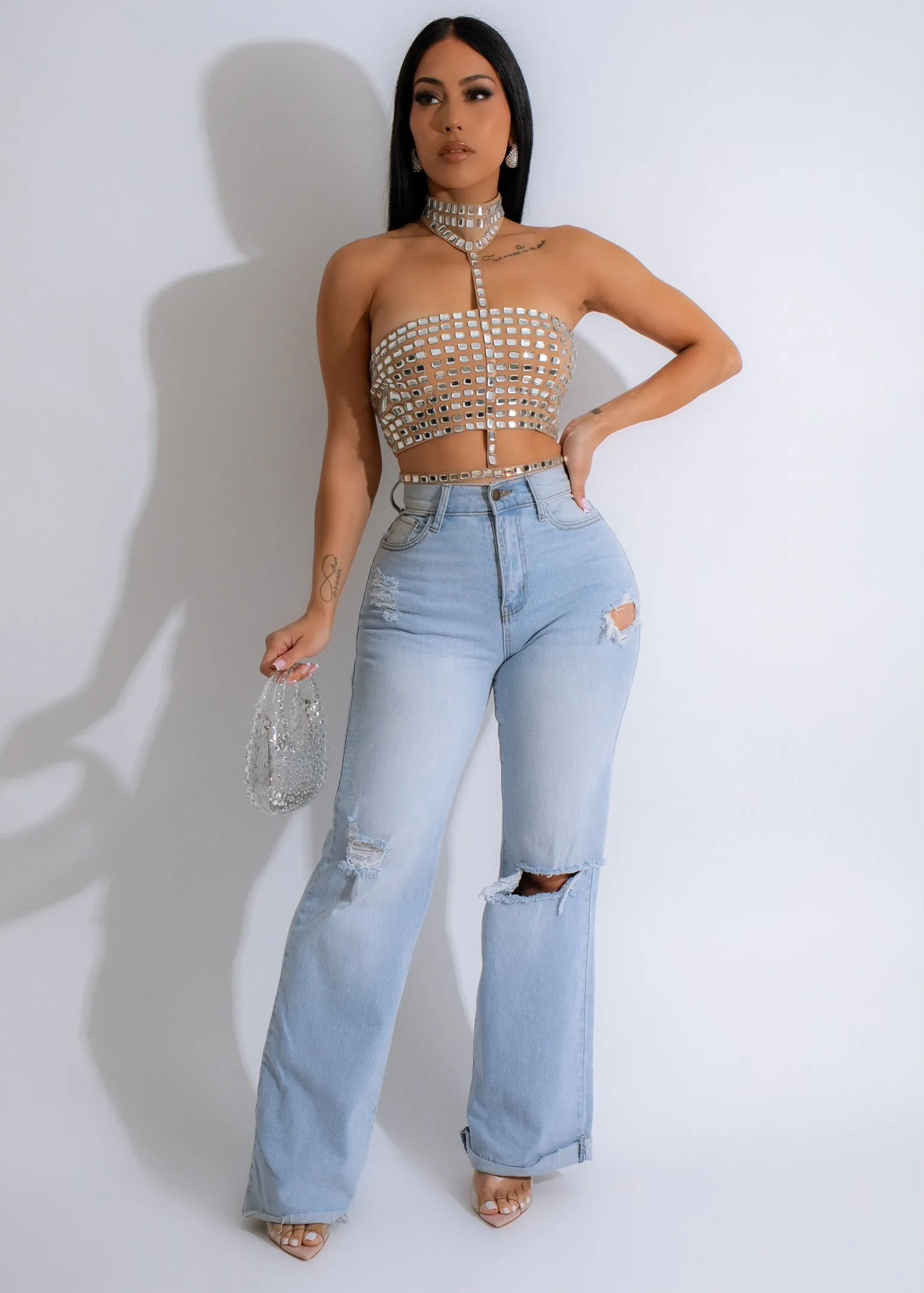 Attention Rhinestones Crop Top Nude