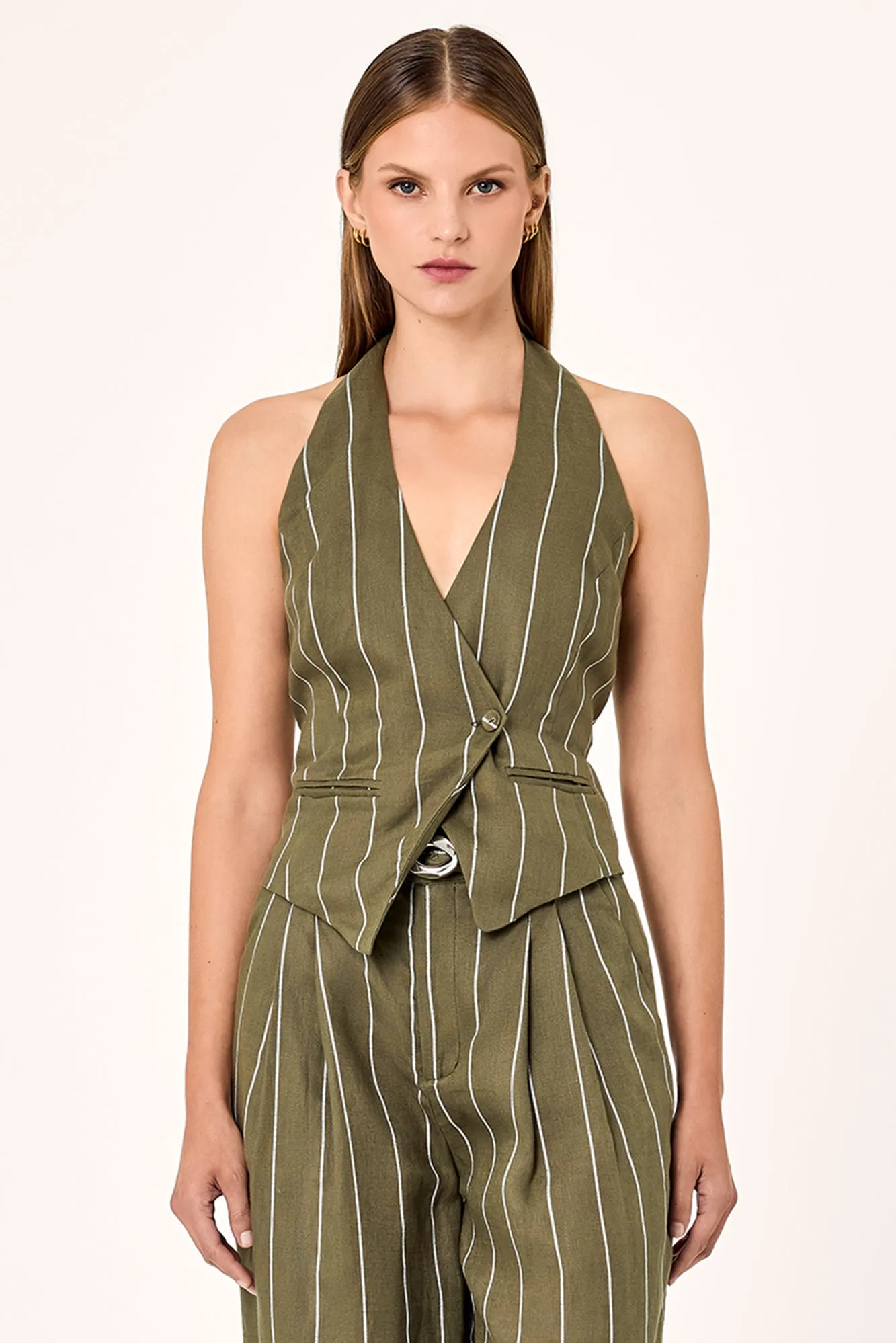 Aurelia Vest - Olive Milk Pinstripe