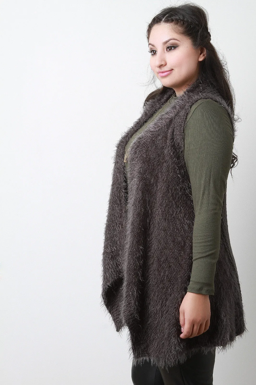 Back Contrast Knit Sleeveless Drape Faux Fur Vest