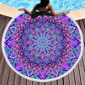 Bohemian Round Beach Towel - Colorful Geometric Design with Tassel Accents - Microfiber Yoga Mat and Boho Toalla Blanket - 150cm Diameter