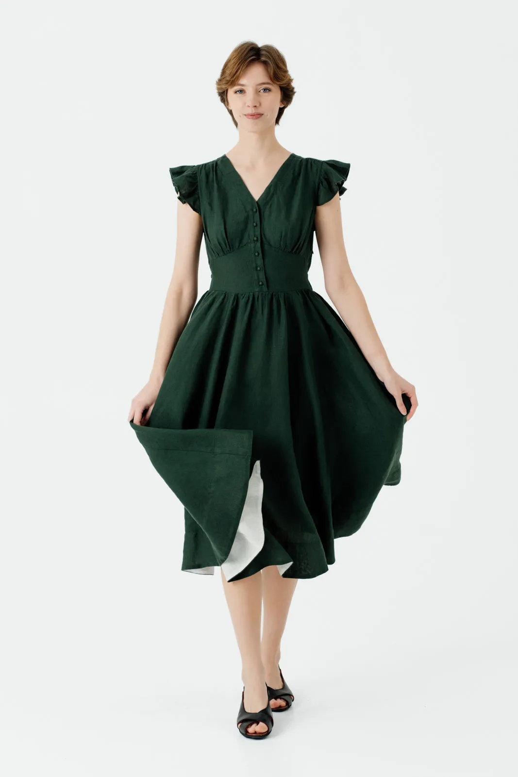 Diane Dress, Ruffle Sleeve, Evergreen