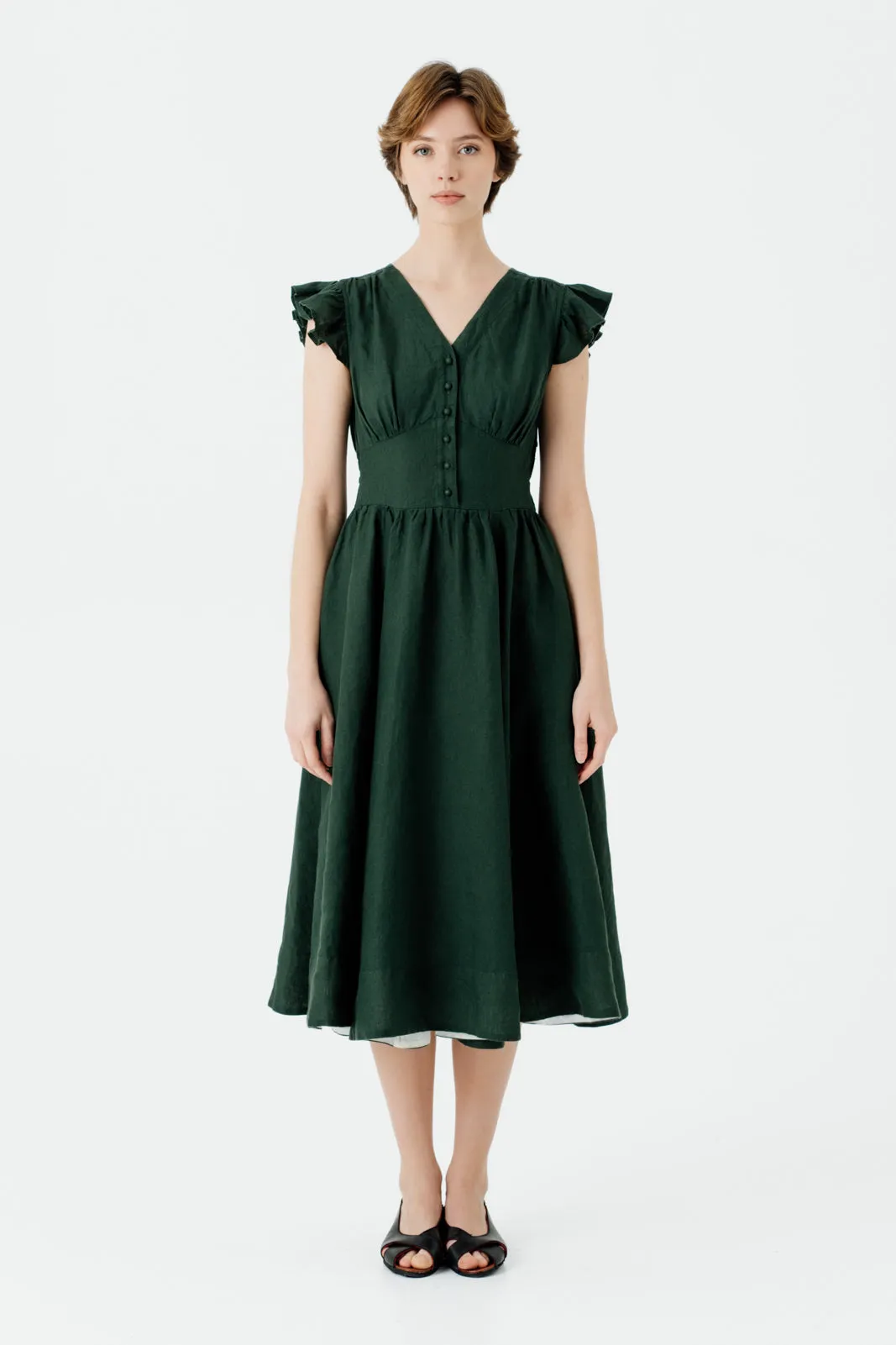 Diane Dress, Ruffle Sleeve, Evergreen