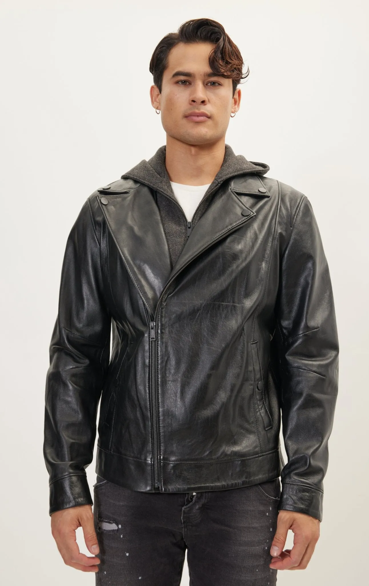 Genuine Leather Jacket With Removable Hood - Black