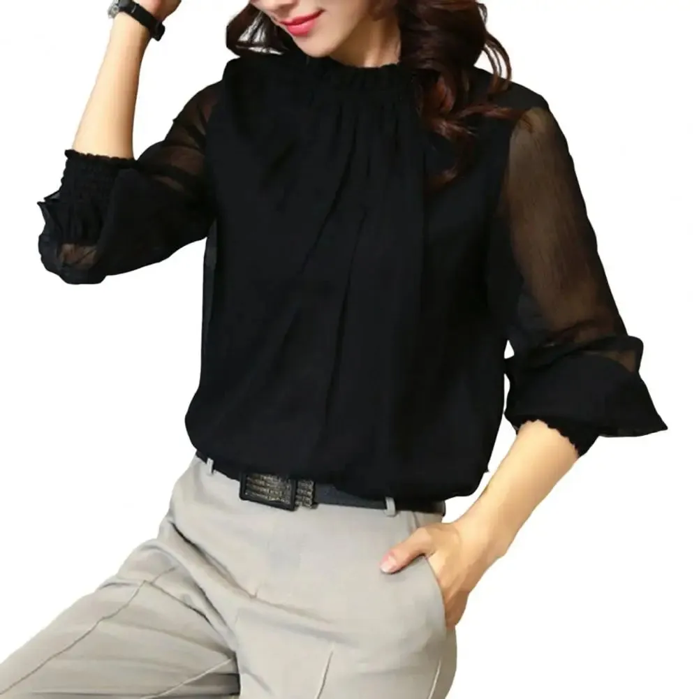 Mesh Sleeve Office Shirt Top Elastic Cuffs Women Shirt Elegant Ruffle Collar Blouse Solid Color Chiffon Shirt