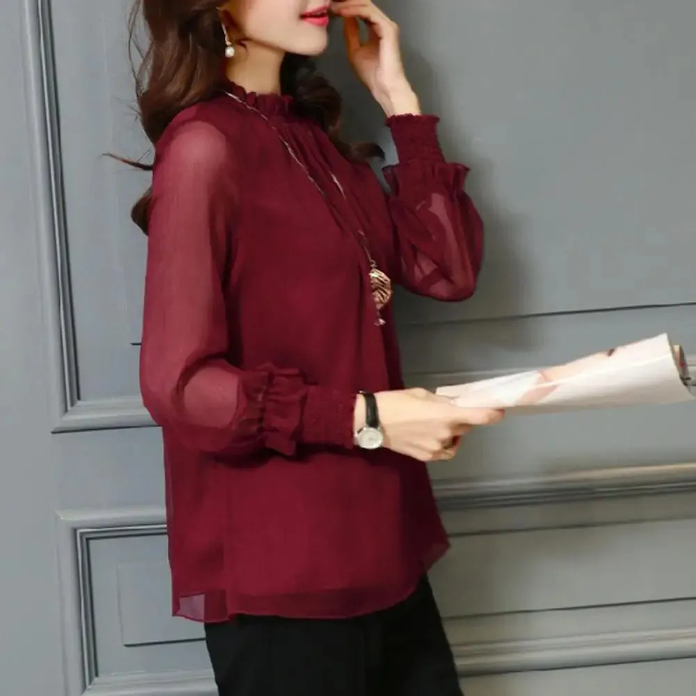 Mesh Sleeve Office Shirt Top Elastic Cuffs Women Shirt Elegant Ruffle Collar Blouse Solid Color Chiffon Shirt