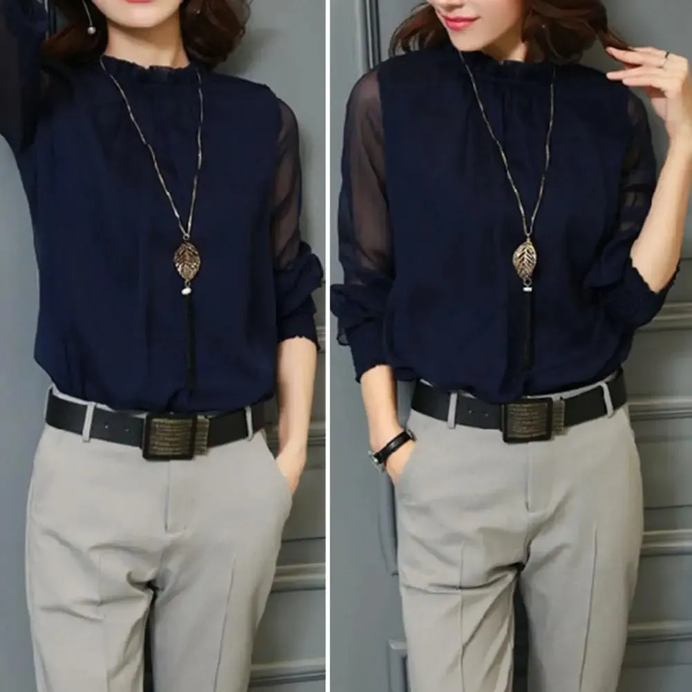 Mesh Sleeve Office Shirt Top Elastic Cuffs Women Shirt Elegant Ruffle Collar Blouse Solid Color Chiffon Shirt