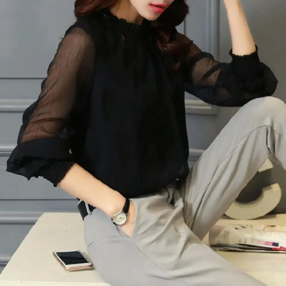 Mesh Sleeve Office Shirt Top Elastic Cuffs Women Shirt Elegant Ruffle Collar Blouse Solid Color Chiffon Shirt