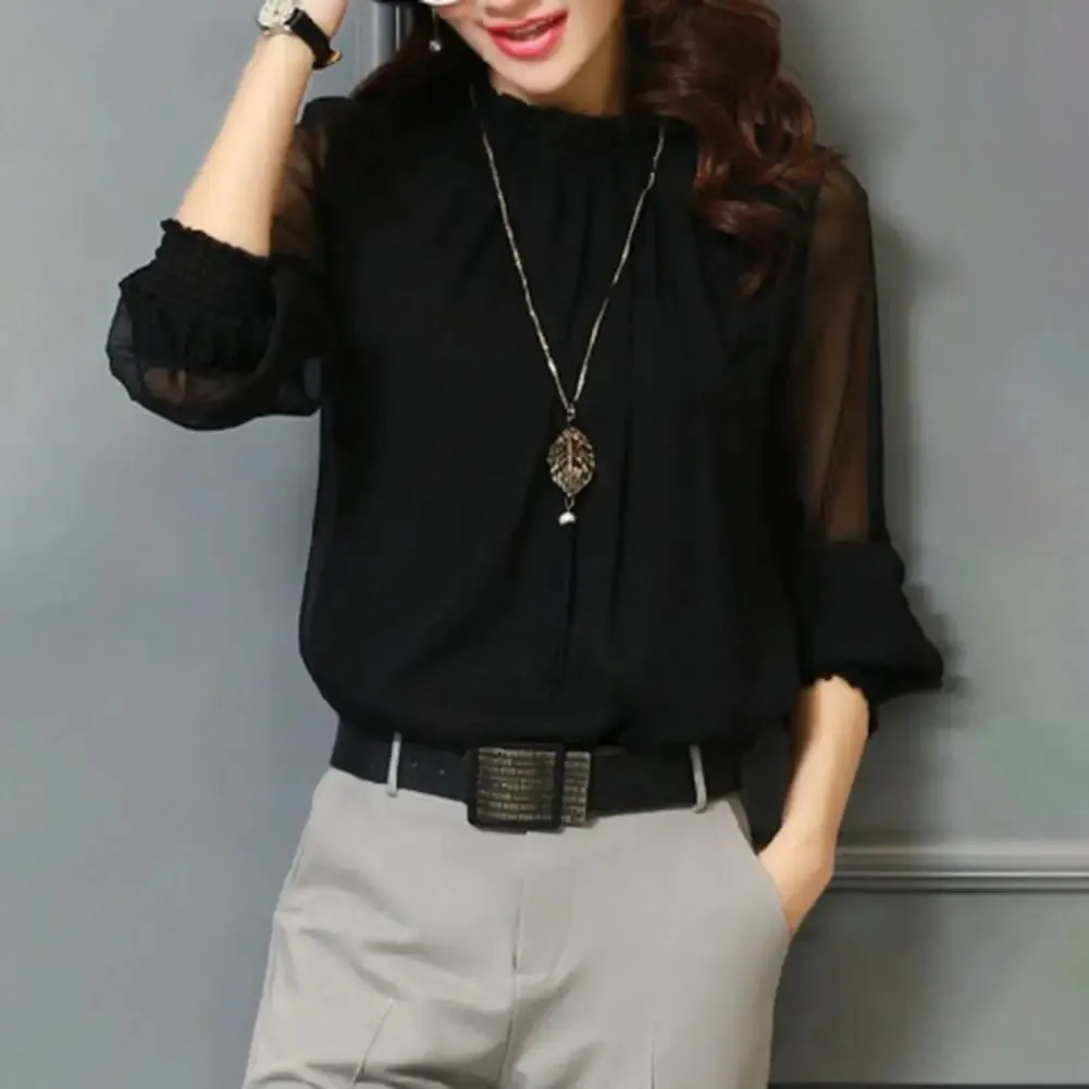 Mesh Sleeve Office Shirt Top Elastic Cuffs Women Shirt Elegant Ruffle Collar Blouse Solid Color Chiffon Shirt