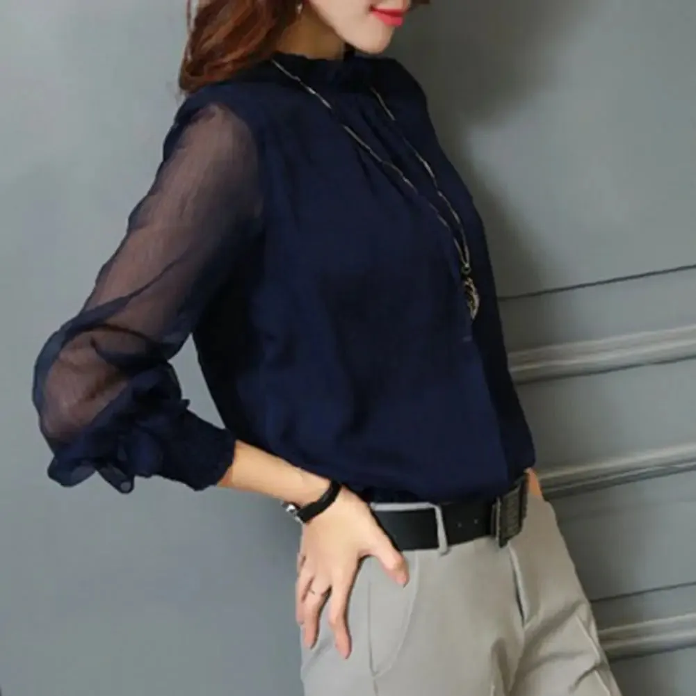 Mesh Sleeve Office Shirt Top Elastic Cuffs Women Shirt Elegant Ruffle Collar Blouse Solid Color Chiffon Shirt