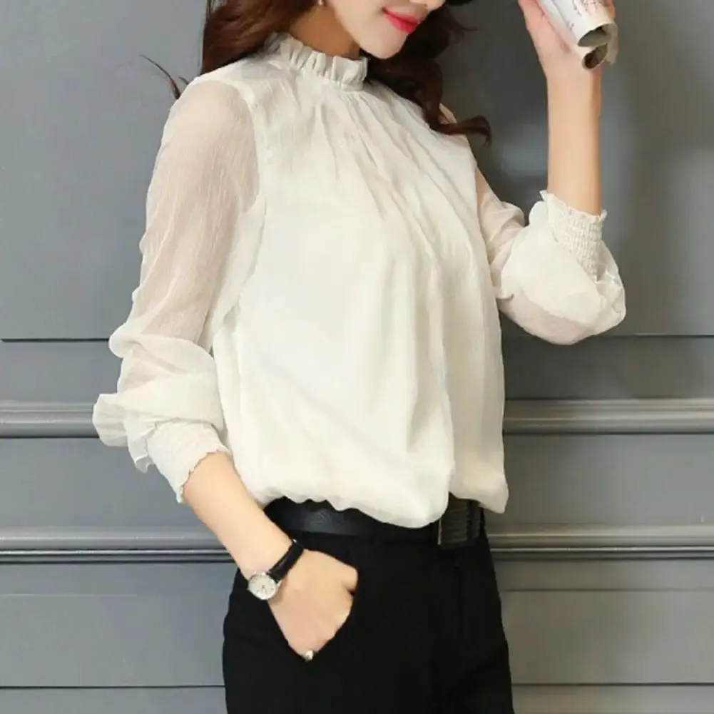 Mesh Sleeve Office Shirt Top Elastic Cuffs Women Shirt Elegant Ruffle Collar Blouse Solid Color Chiffon Shirt