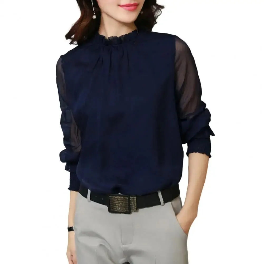 Mesh Sleeve Office Shirt Top Elastic Cuffs Women Shirt Elegant Ruffle Collar Blouse Solid Color Chiffon Shirt