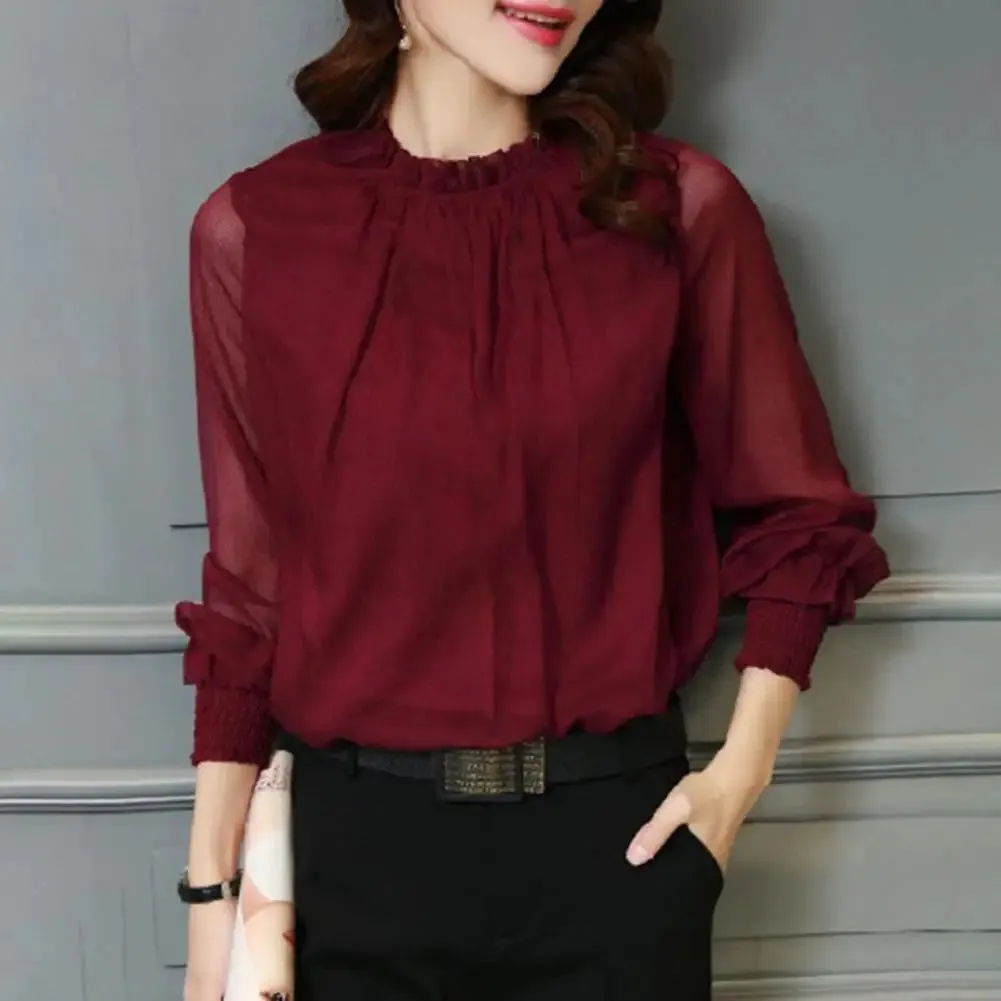 Mesh Sleeve Office Shirt Top Elastic Cuffs Women Shirt Elegant Ruffle Collar Blouse Solid Color Chiffon Shirt