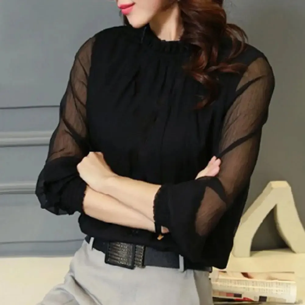 Mesh Sleeve Office Shirt Top Elastic Cuffs Women Shirt Elegant Ruffle Collar Blouse Solid Color Chiffon Shirt