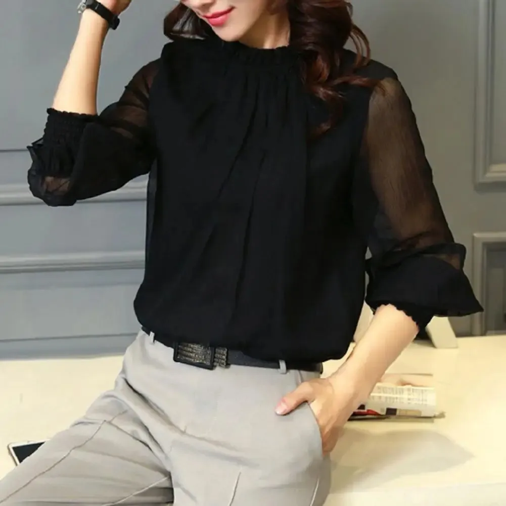 Mesh Sleeve Office Shirt Top Elastic Cuffs Women Shirt Elegant Ruffle Collar Blouse Solid Color Chiffon Shirt