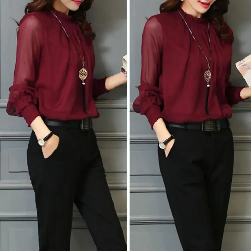 Mesh Sleeve Office Shirt Top Elastic Cuffs Women Shirt Elegant Ruffle Collar Blouse Solid Color Chiffon Shirt