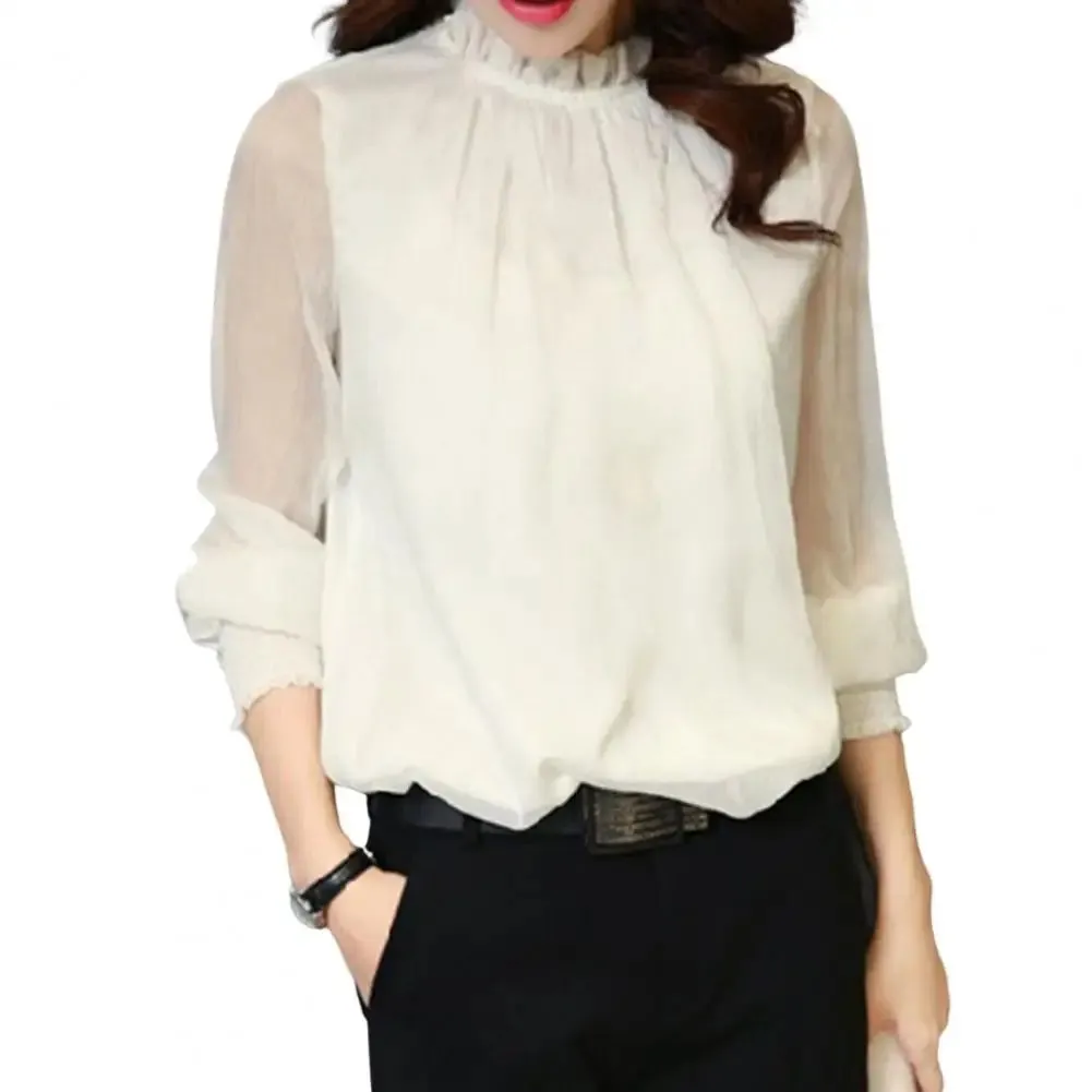 Mesh Sleeve Office Shirt Top Elastic Cuffs Women Shirt Elegant Ruffle Collar Blouse Solid Color Chiffon Shirt