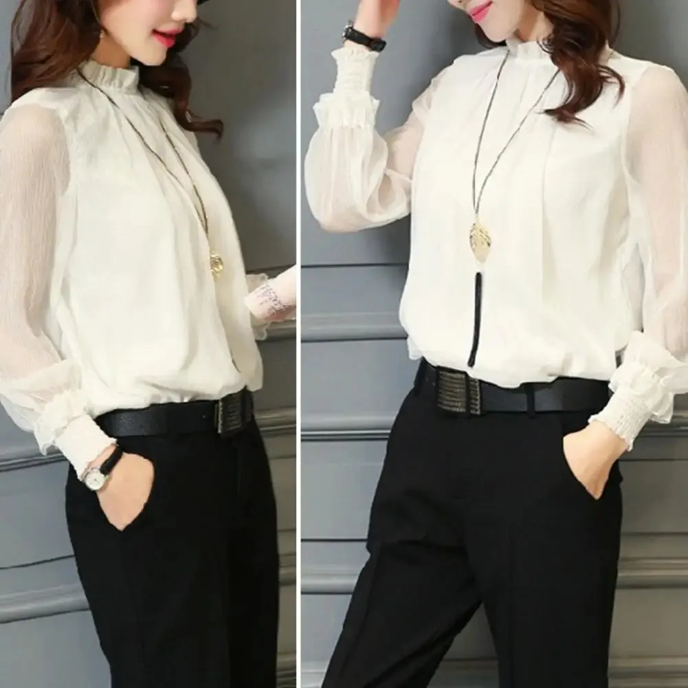 Mesh Sleeve Office Shirt Top Elastic Cuffs Women Shirt Elegant Ruffle Collar Blouse Solid Color Chiffon Shirt