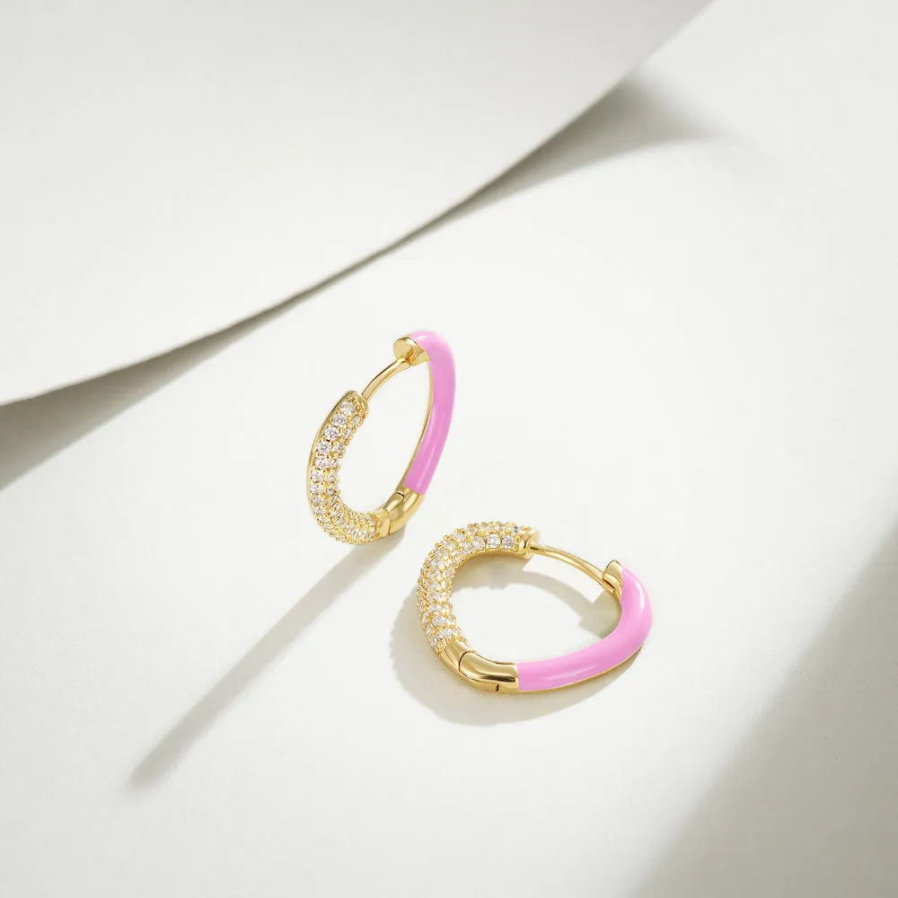 Pink Enamel Heart Huggie Hoops