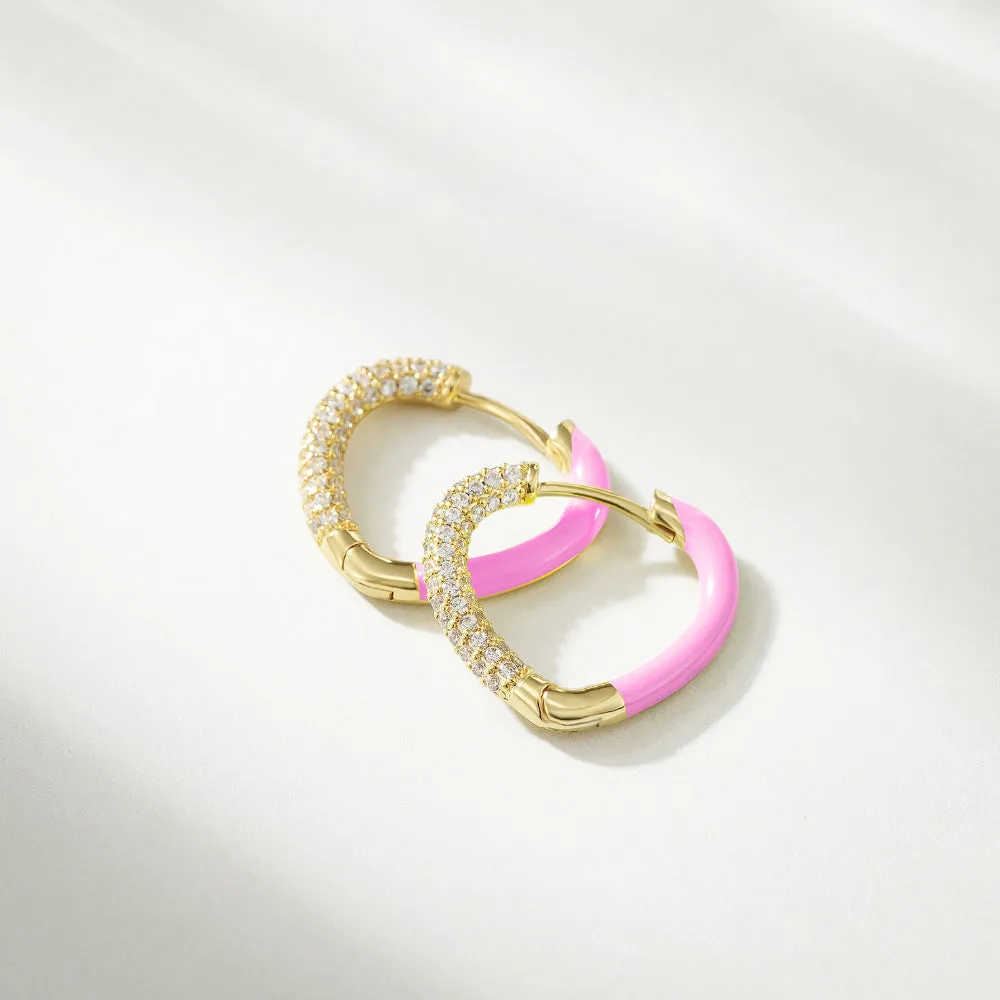 Pink Enamel Heart Huggie Hoops