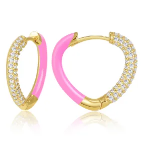 Pink Enamel Heart Huggie Hoops