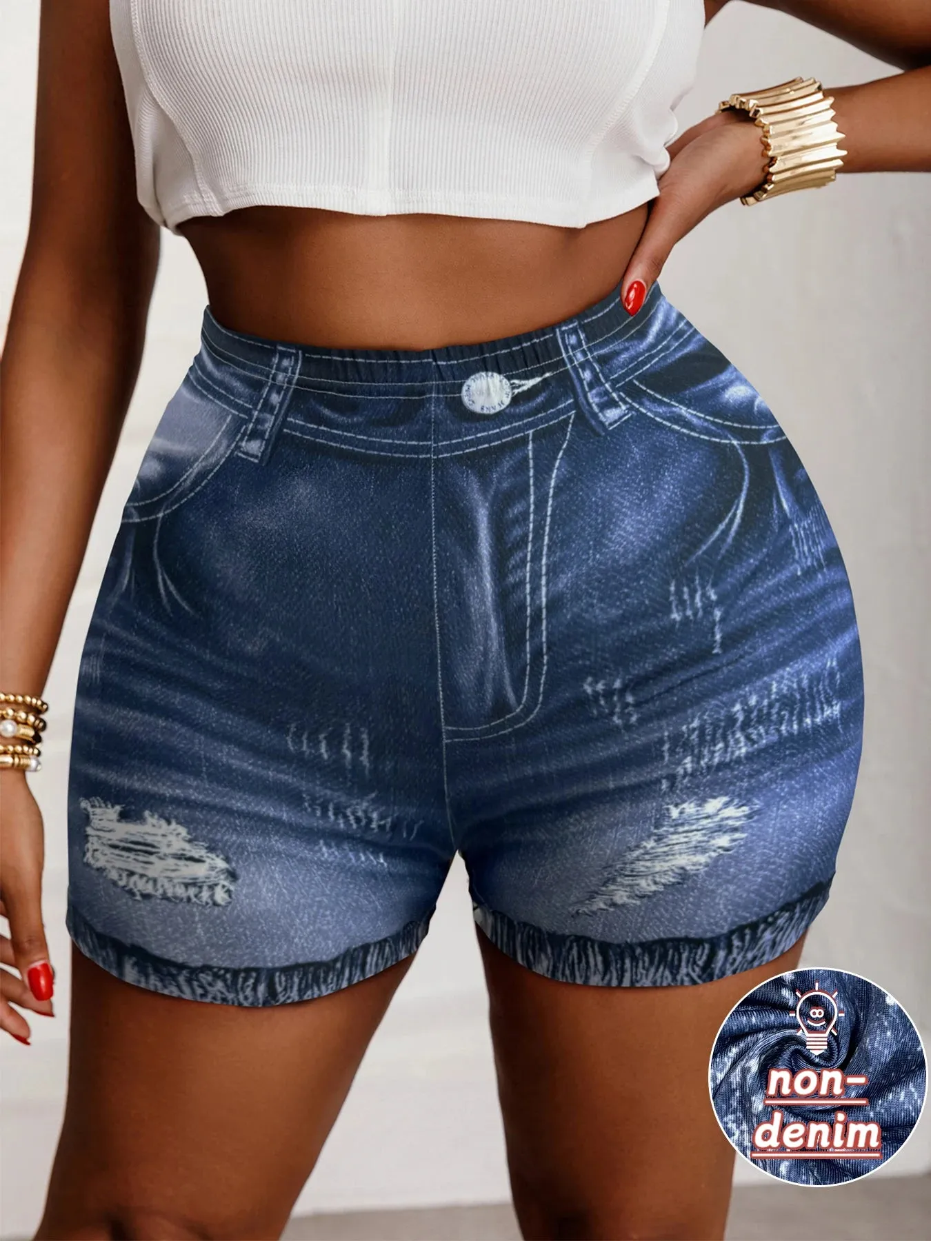 Plus Size Women's Blue Shorts Imitation Denim Printed Patterns Casual High Elasticity Knitted Skinny Pants Summer Clothing Big