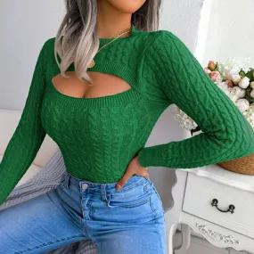 Sexy Cutout Front Crew Neck Chunky Cable Knit Fitted Sweater